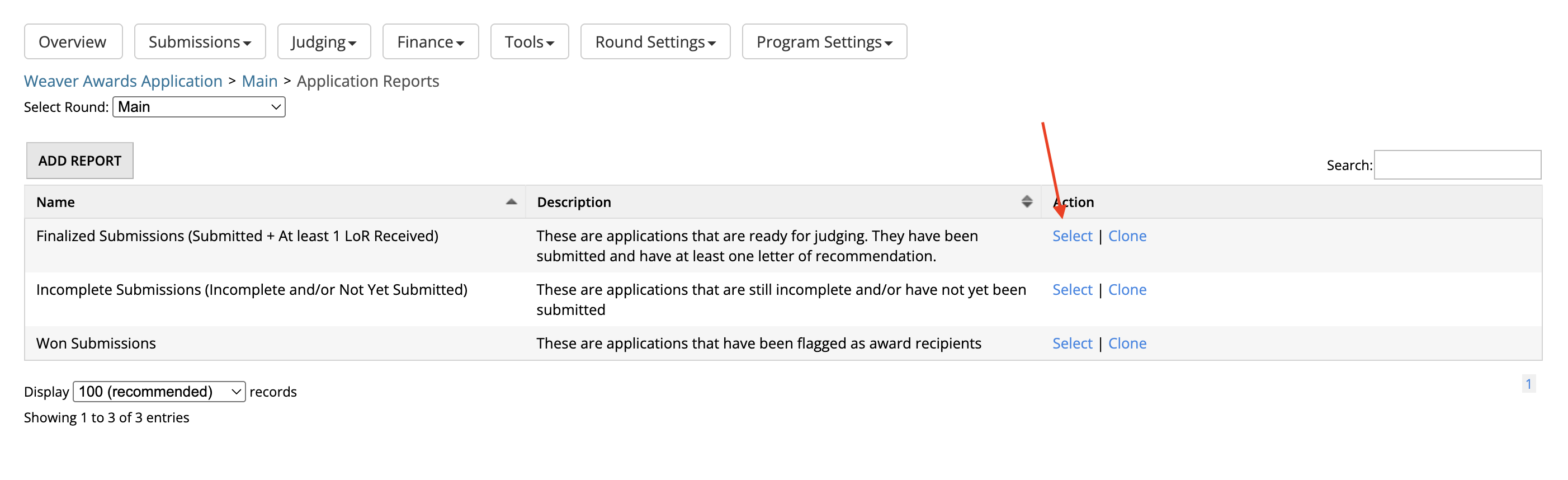 Select button to run a canned report