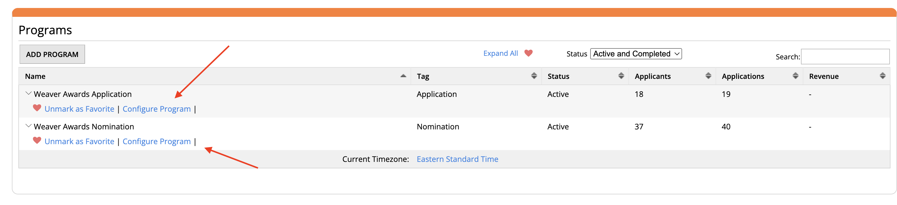 Programs in the admin dashboard